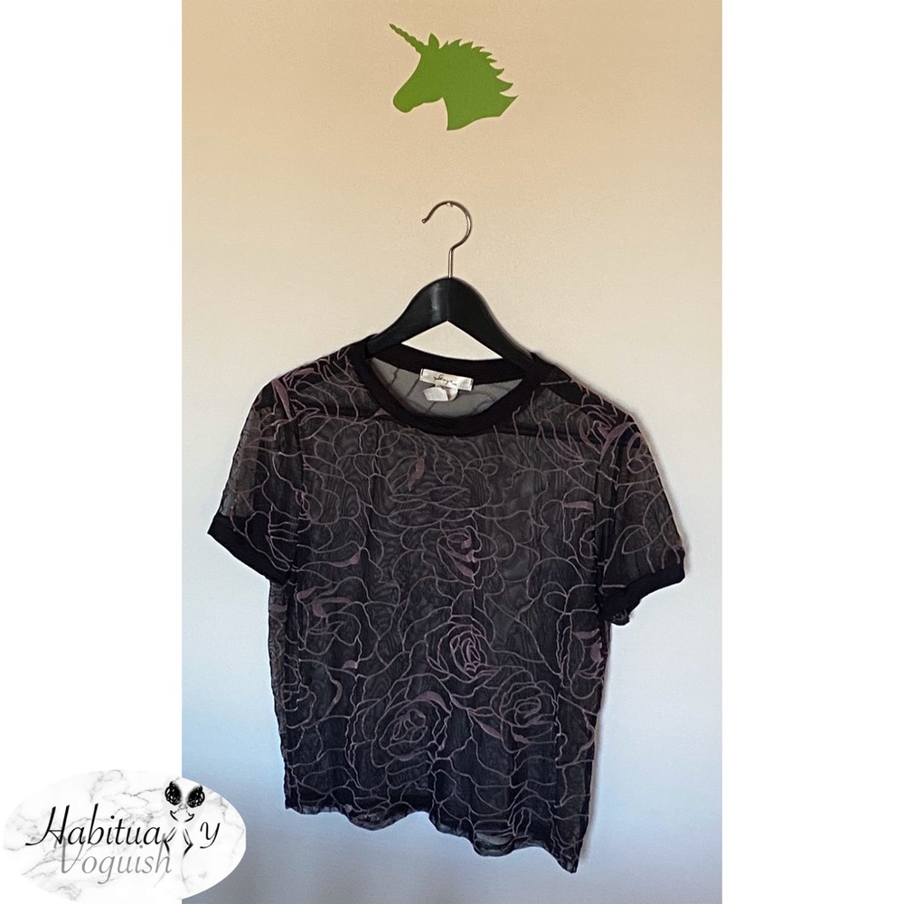 Sheer Mesh Black and Pink Rose Crop Top